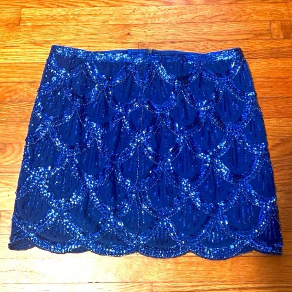 Scallop Pattern Sequin Blue Mini Skirt Size Small